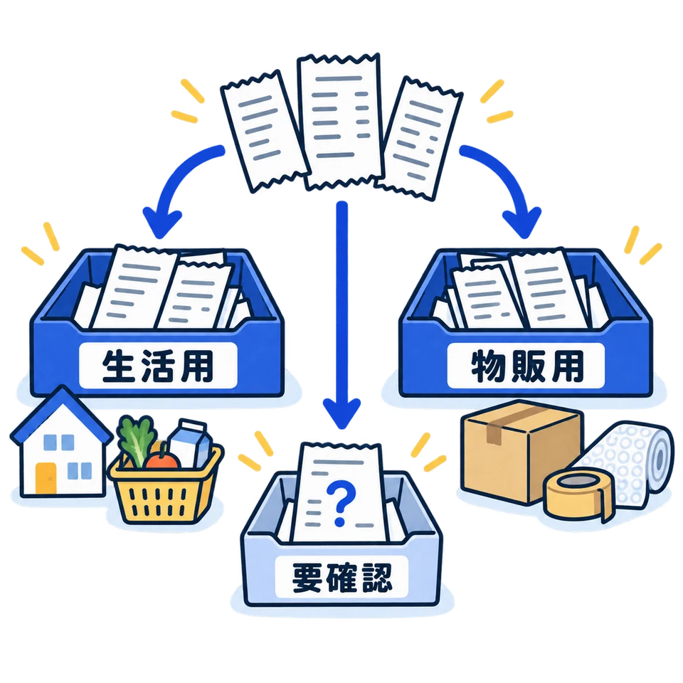 物販を例に、明細を生活用・物販用に分け、不明なものは要確認に残す整理図。